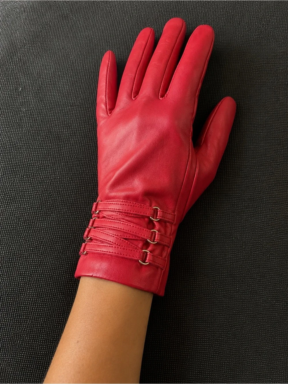 Jones New York NWT Red Leather Gloves Laced Wrist Detail L